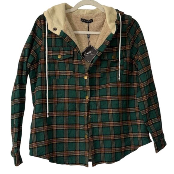 zaful Jackets & Blazers - Zaful Green Plaid Hooded Flannel Jacket